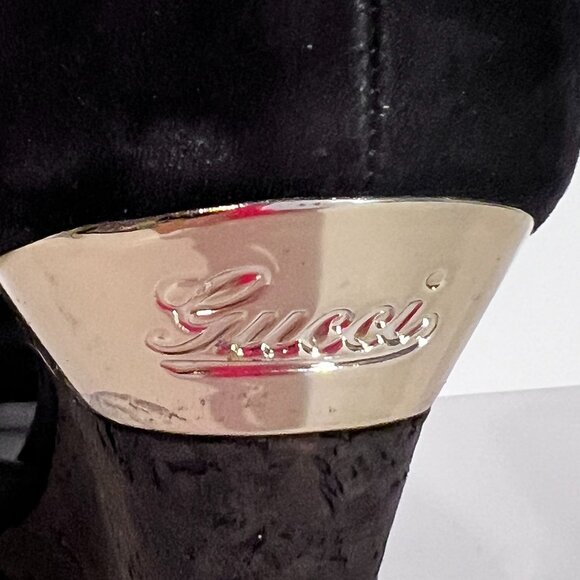 Gucci by Tom Ford Cork Wedge Black Suede Silver Logo Heels Sz 8 - Picture 10 of 16